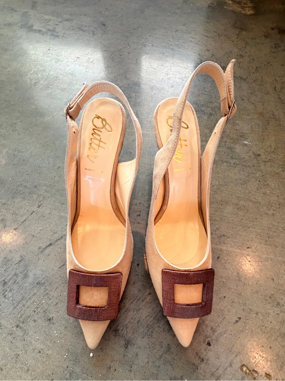 Butter Shoes Nude Suede Slingback Pumps Size 8.5 Square Buckle Made in Italy 🇮🇹